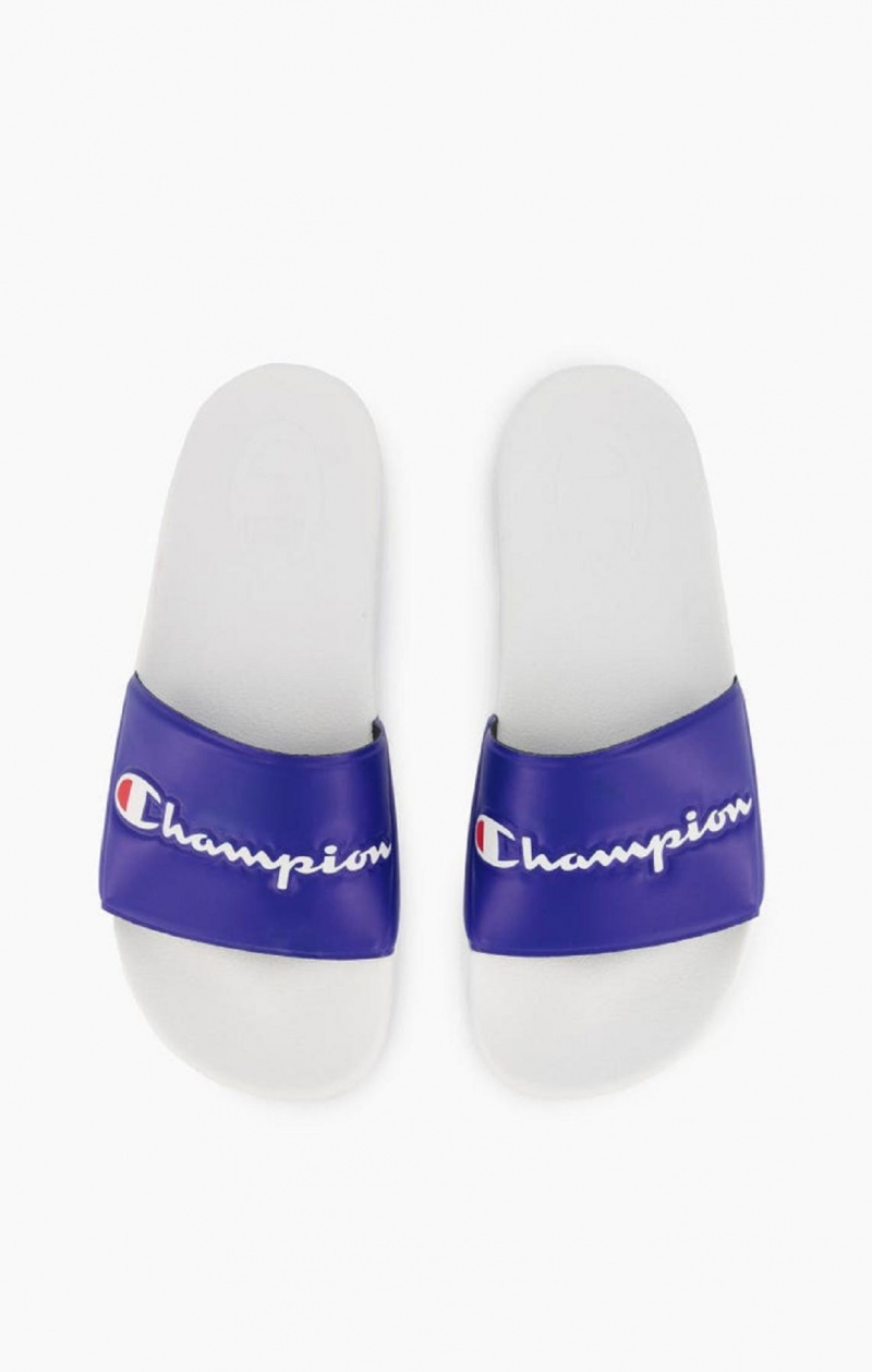 Claquette Champion Script Logo Pool Slides Homme Blanche Bleu | 6092-VNYCP