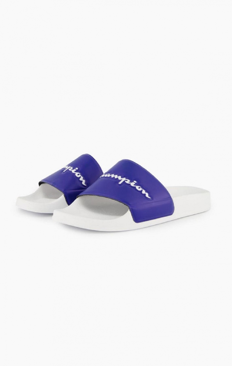 Claquette Champion Script Logo Pool Slides Homme Blanche Bleu | 6092-VNYCP