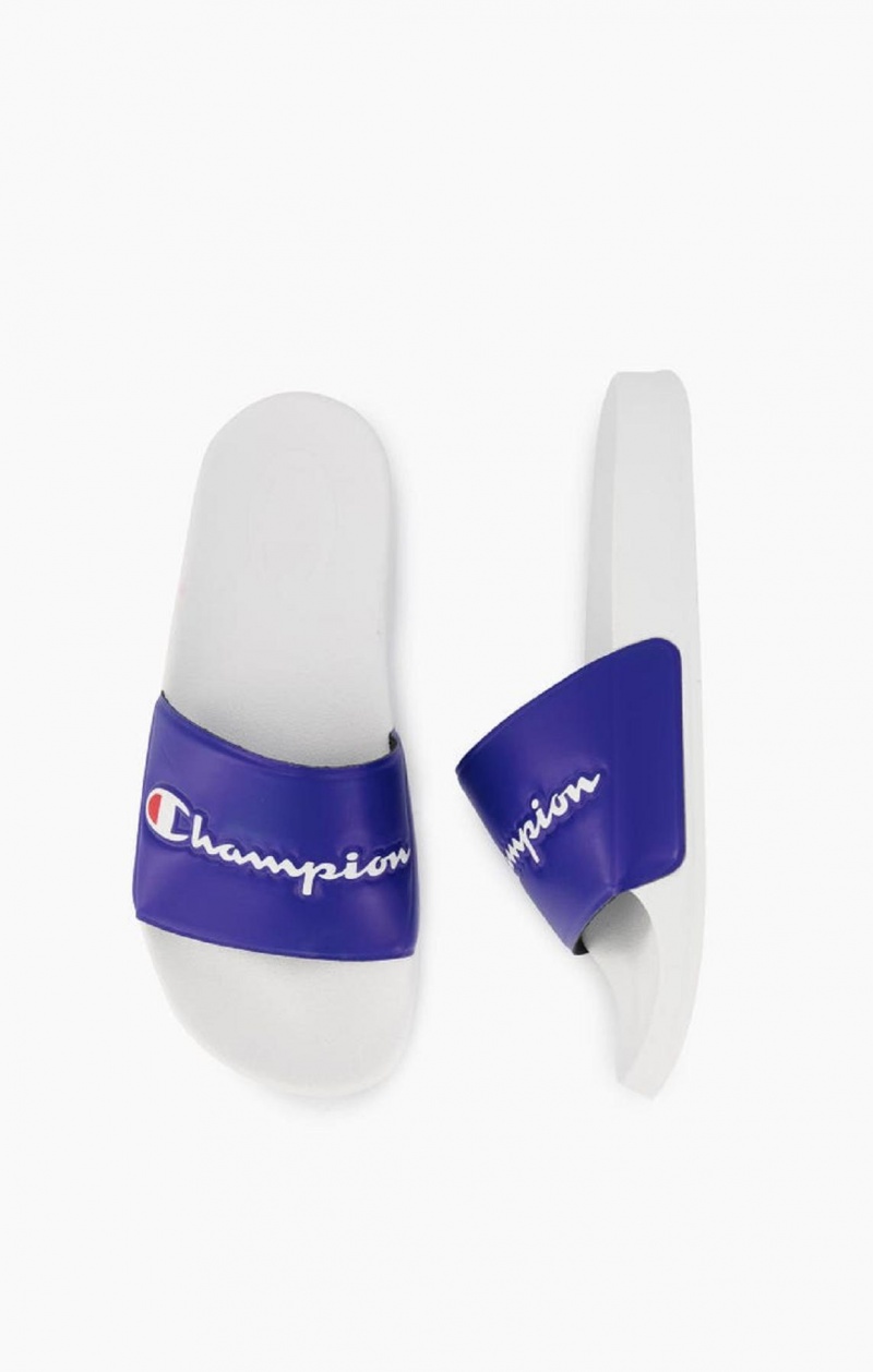 Claquette Champion Script Logo Pool Slides Homme Blanche Bleu | 6092-VNYCP