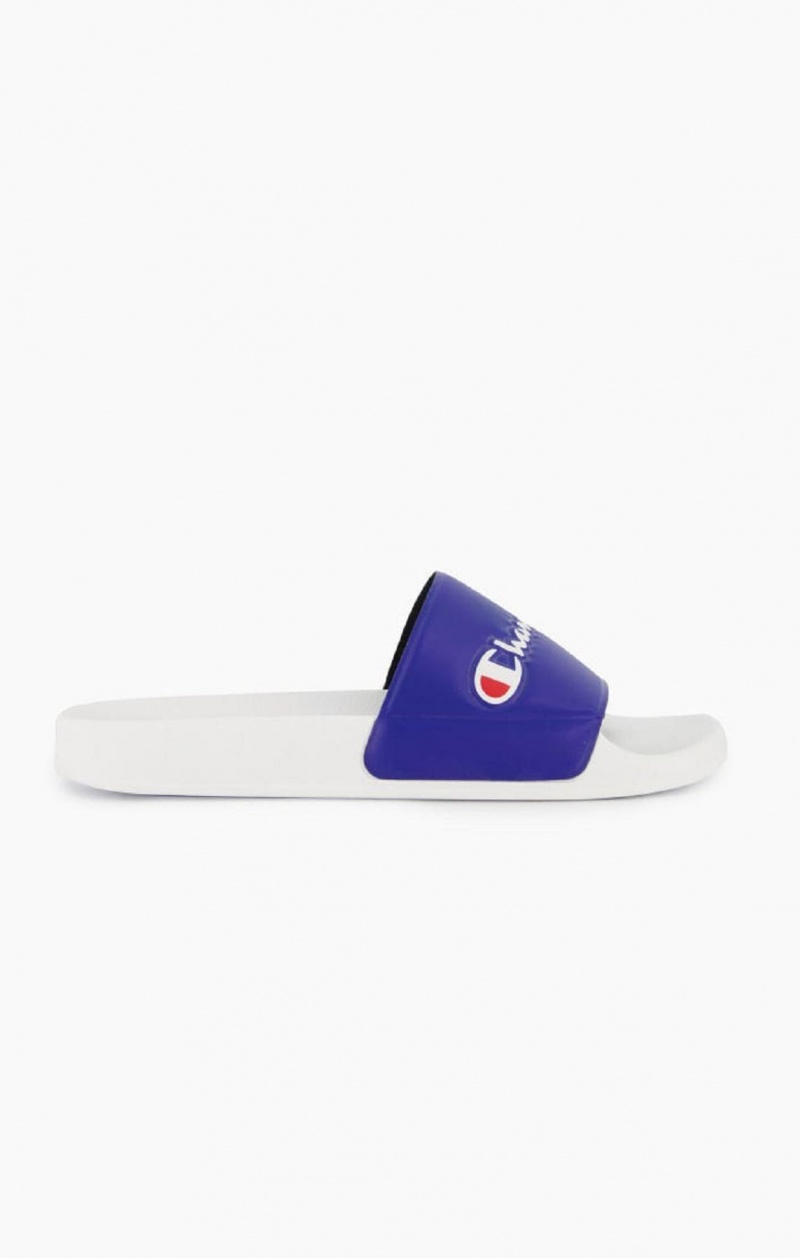 Claquette Champion Script Logo Pool Slides Homme Blanche Bleu | 6092-VNYCP