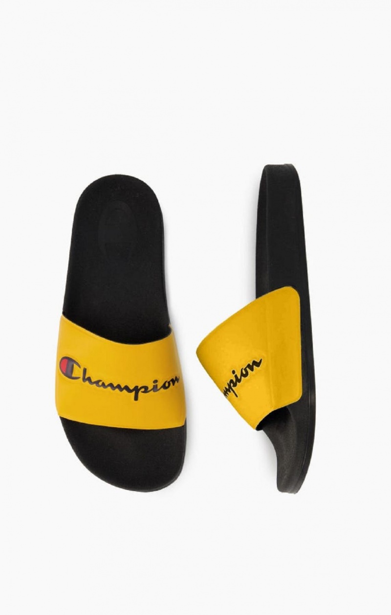 Claquette Champion Script Logo Pool Slides Homme Jaune Noir | 5730-ZMQBD