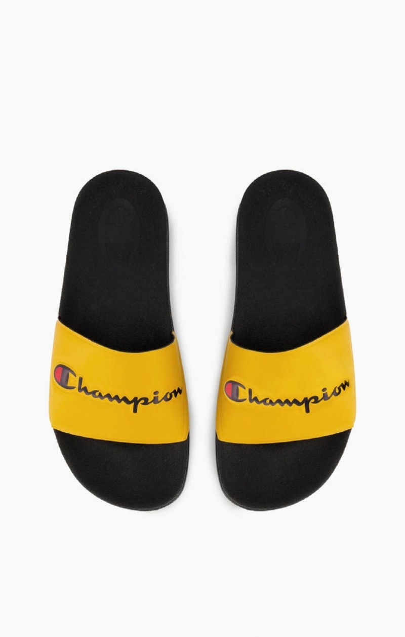 Claquette Champion Script Logo Pool Slides Homme Jaune Noir | 5730-ZMQBD