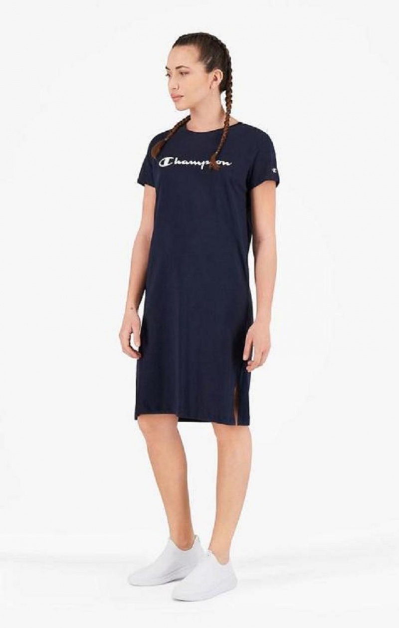 Peignoir Champion Rubber Script Logo T-Shirt Robe Femme Bleu Foncé | 7498-BGPTX