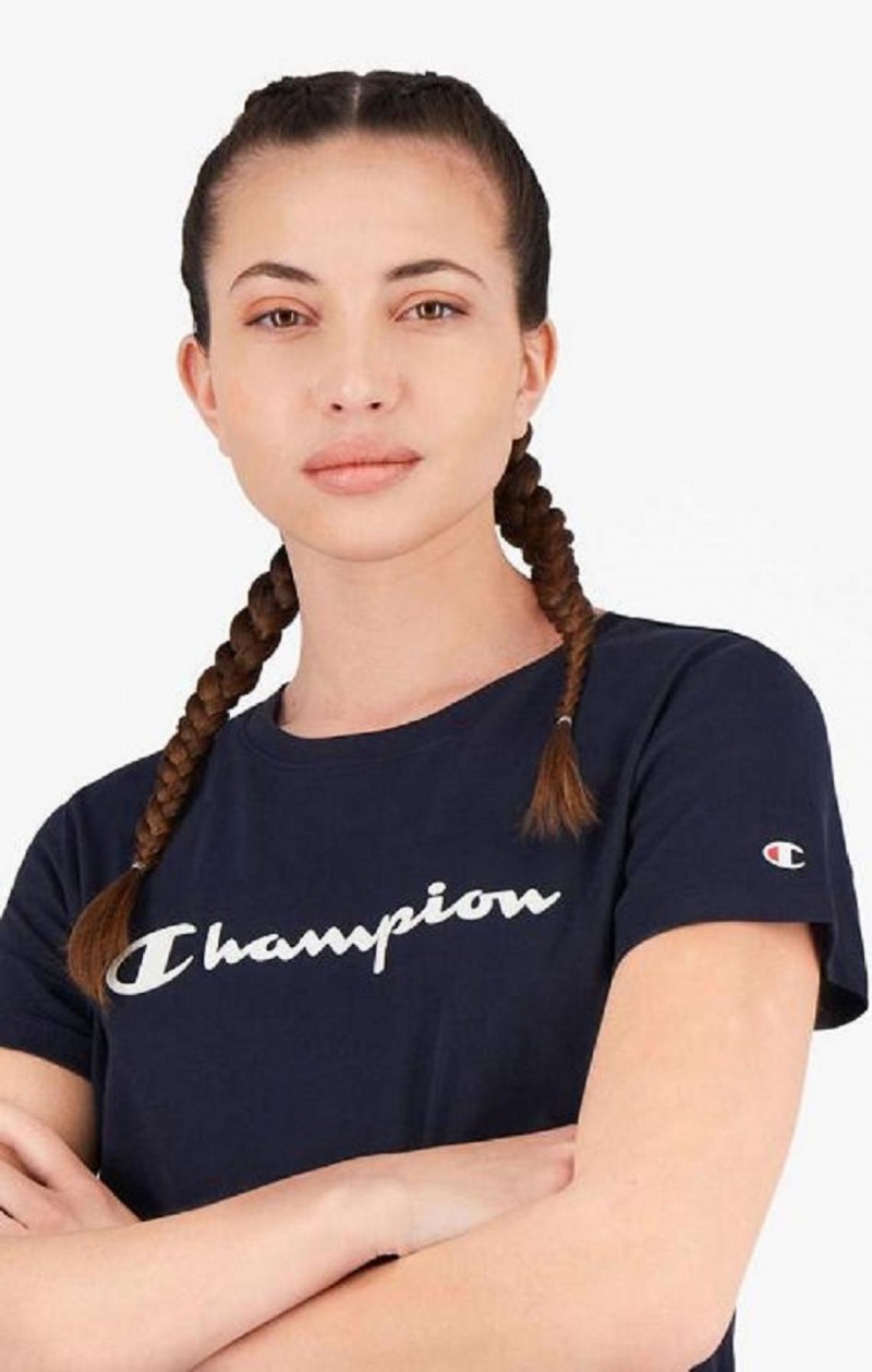 Peignoir Champion Rubber Script Logo T-Shirt Robe Femme Bleu Foncé | 7498-BGPTX