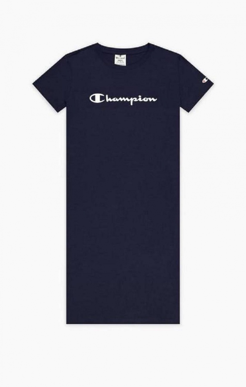 Peignoir Champion Rubber Script Logo T-Shirt Robe Femme Bleu Foncé | 7498-BGPTX