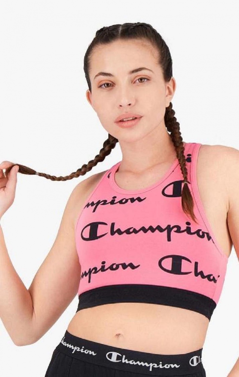 Soutien Gorge Sport Champion Script Logo Print Racer Back Sports Bra Femme Fushia | 8247-OFTXR