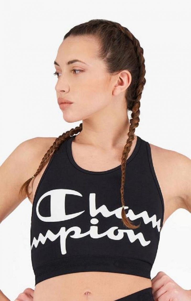 Soutien Gorge Sport Champion Script Logo Print Racer Back Sports Bra Femme Noir | 3051-ZICTJ