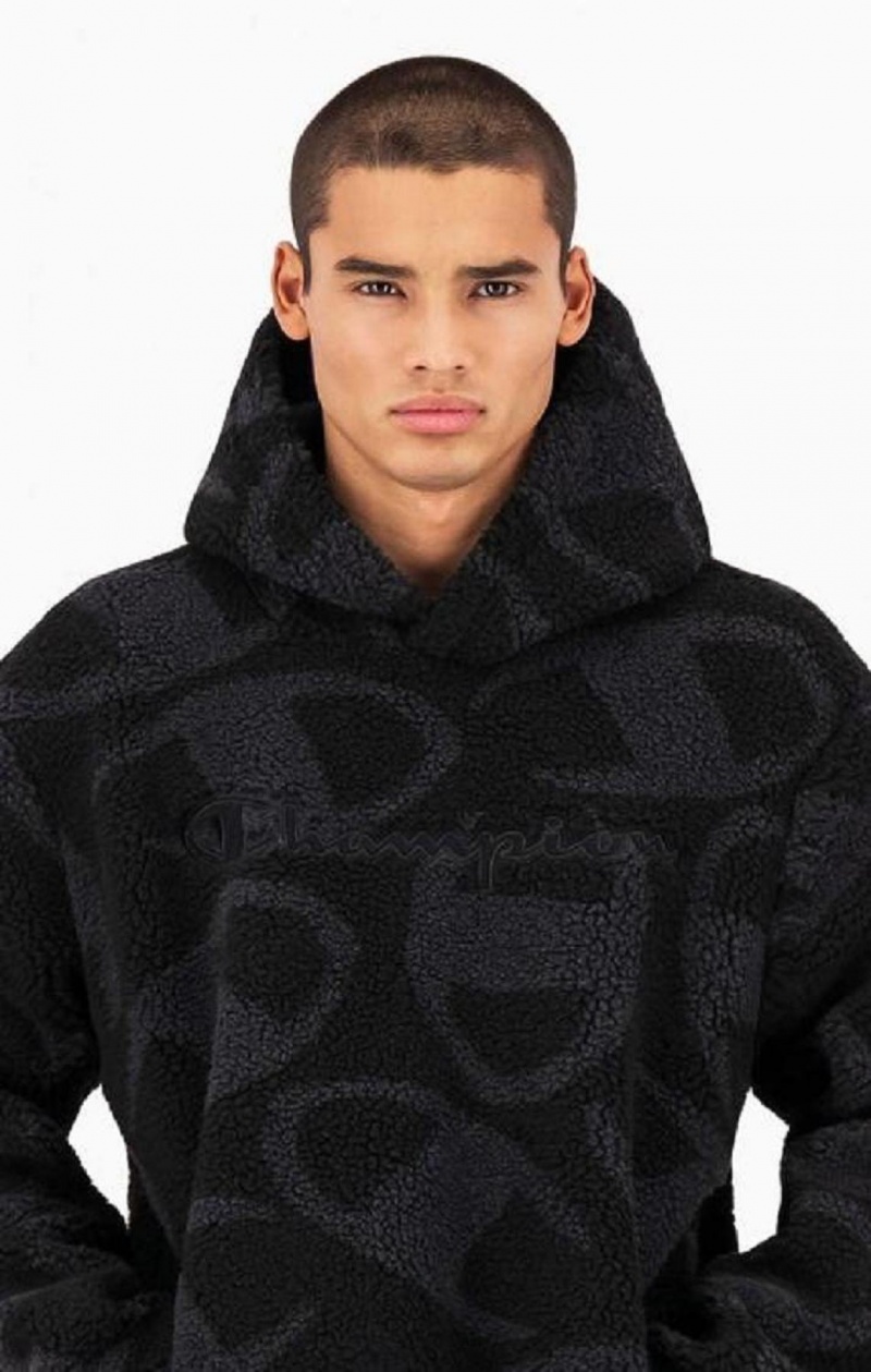 Sweat a Capuche Champion All-Over Logo Print Teddy Hoodie Homme Noir | 0617-GYFSB