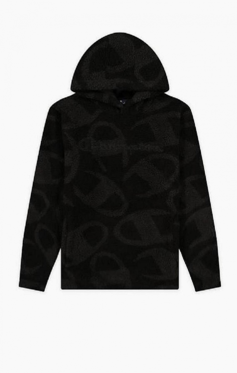 Sweat a Capuche Champion All-Over Logo Print Teddy Hoodie Homme Noir | 0617-GYFSB