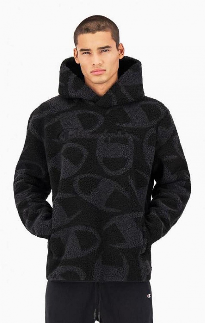 Sweat a Capuche Champion All-Over Logo Print Teddy Hoodie Homme Noir | 0617-GYFSB