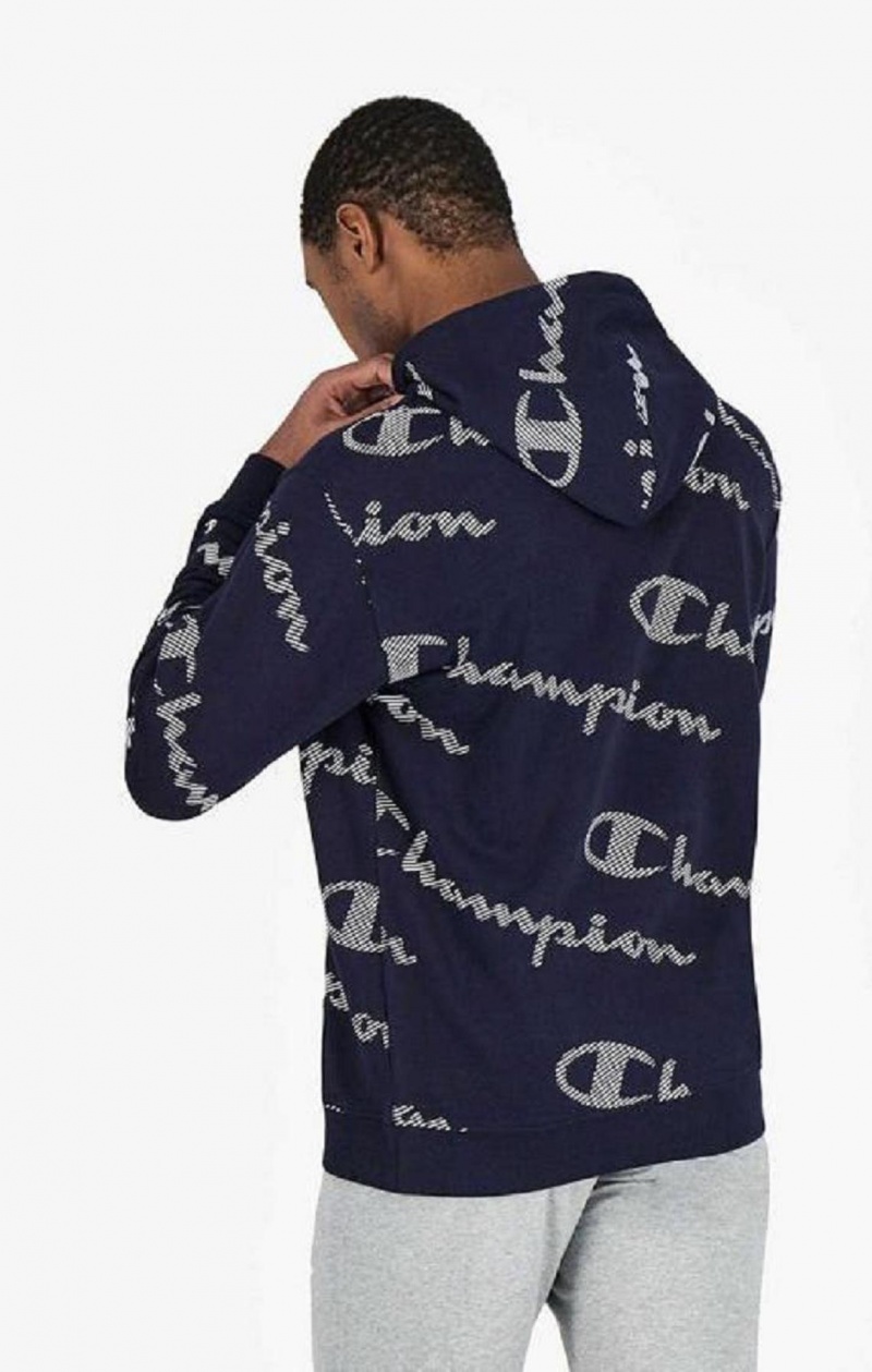 Sweat a Capuche Champion All-Over Rayé Effect Script Logo Print Hoodie Homme Bleu Foncé | 8216-VCXWD