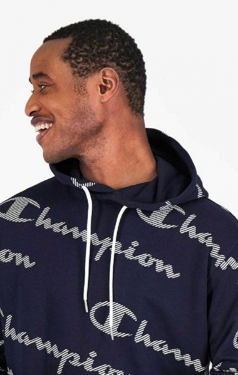 Sweat a Capuche Champion All-Over Rayé Effect Script Logo Print Hoodie Homme Bleu Foncé | 8216-VCXWD