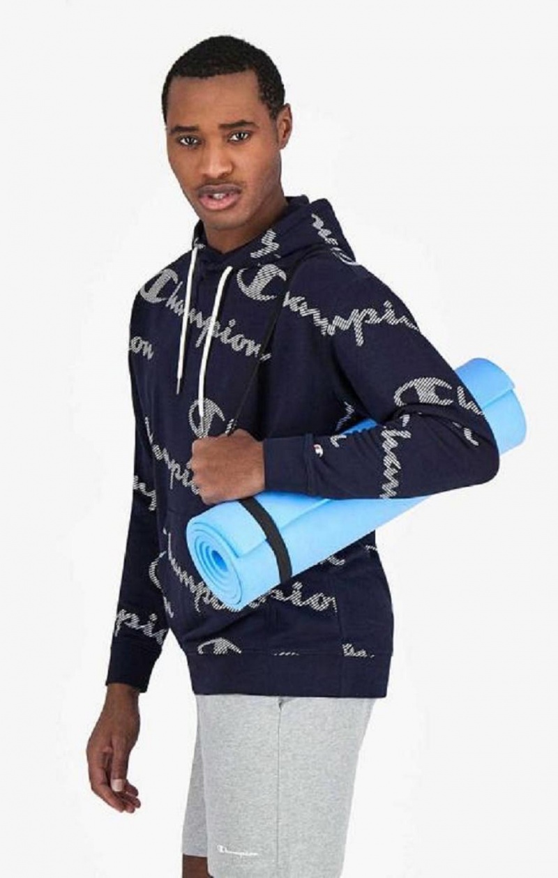 Sweat a Capuche Champion All-Over Rayé Effect Script Logo Print Hoodie Homme Bleu Foncé | 8216-VCXWD