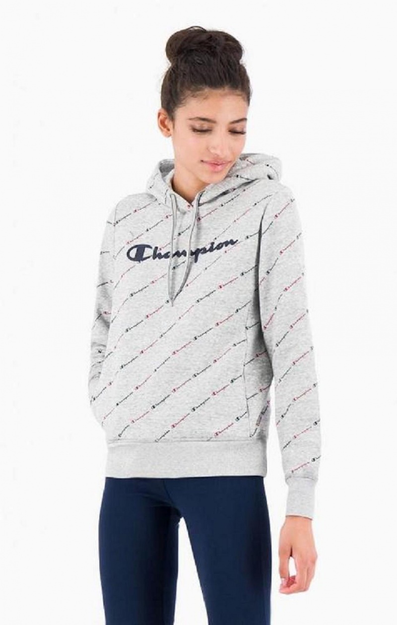 Sweat a Capuche Champion All-Over Script Logo Hoodie Femme Grise Clair | 5034-JRHYS