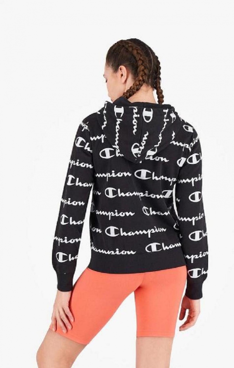 Sweat a Capuche Champion All-Over Script Logo Hoodie Femme Noir | 3194-ZFHJE