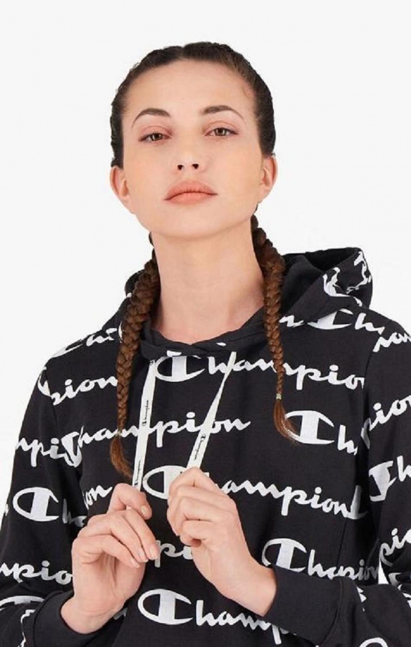 Sweat a Capuche Champion All-Over Script Logo Hoodie Femme Noir | 3194-ZFHJE