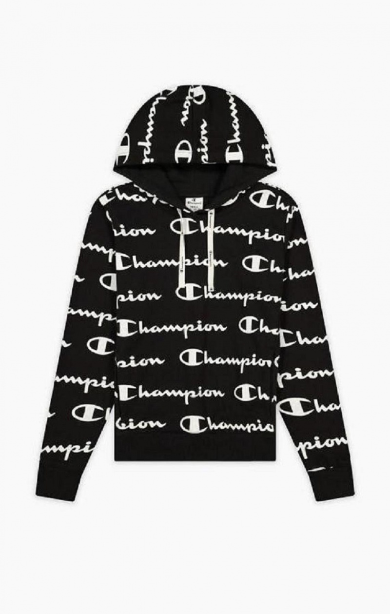 Sweat a Capuche Champion All-Over Script Logo Hoodie Femme Noir | 3194-ZFHJE