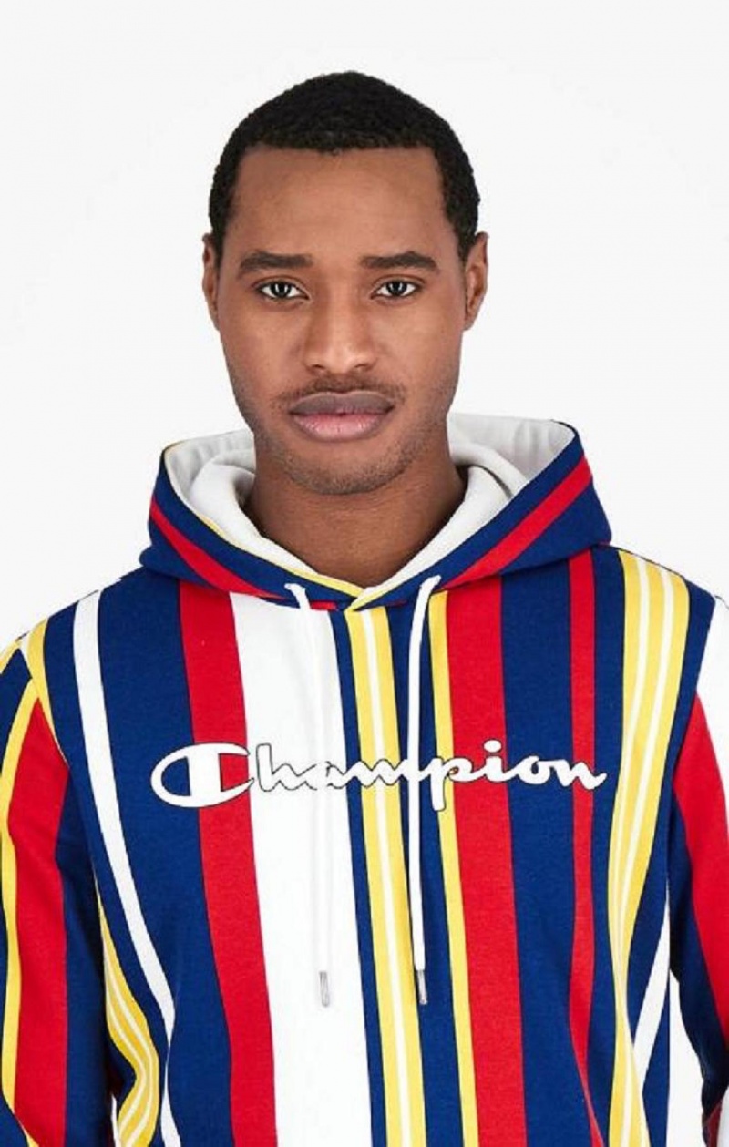 Sweat a Capuche Champion Candy Stripe Script Logo Hoodie Homme Blanche Rouge Bleu | 9754-XJFGV