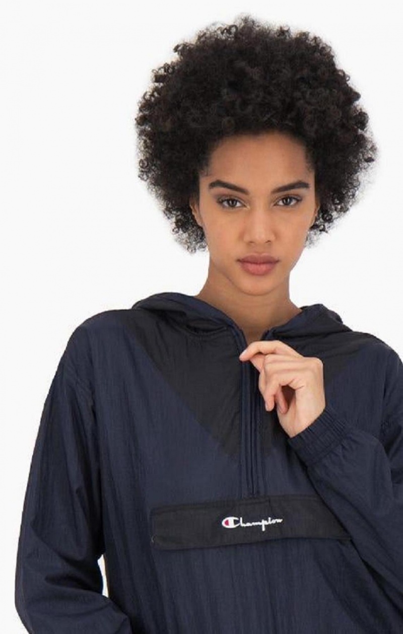 Sweat a Capuche Champion Contrast Panel Half Zip-Up Hoodie Femme Bleu Foncé | 0452-AIRZY