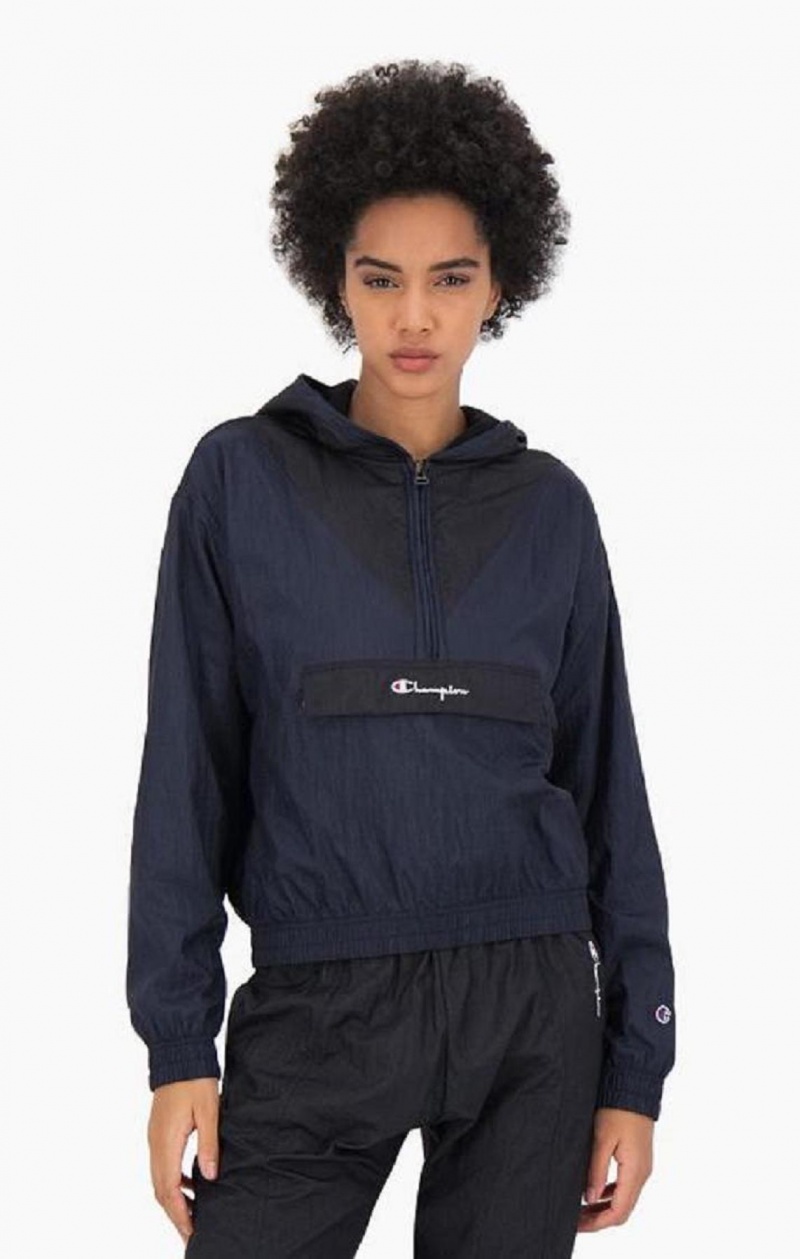 Sweat a Capuche Champion Contrast Panel Half Zip-Up Hoodie Femme Bleu Foncé | 0452-AIRZY