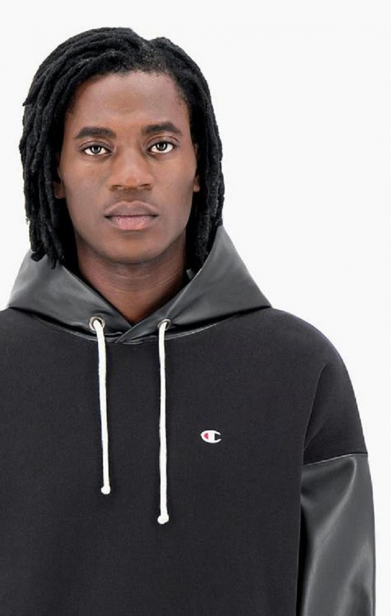 Sweat a Capuche Champion Faux Cuir Panel Reverse Weave Hoodie Homme Noir | 7516-AZHVD