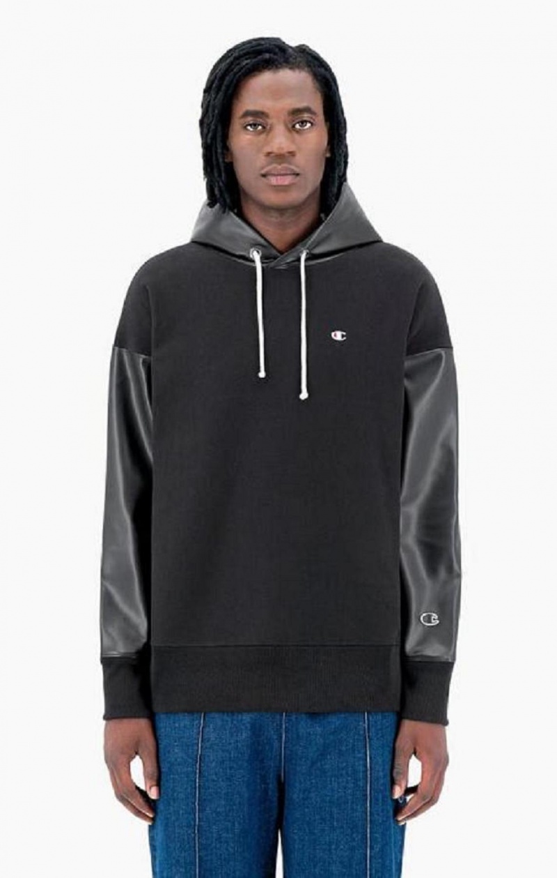 Sweat a Capuche Champion Faux Cuir Panel Reverse Weave Hoodie Homme Noir | 7516-AZHVD