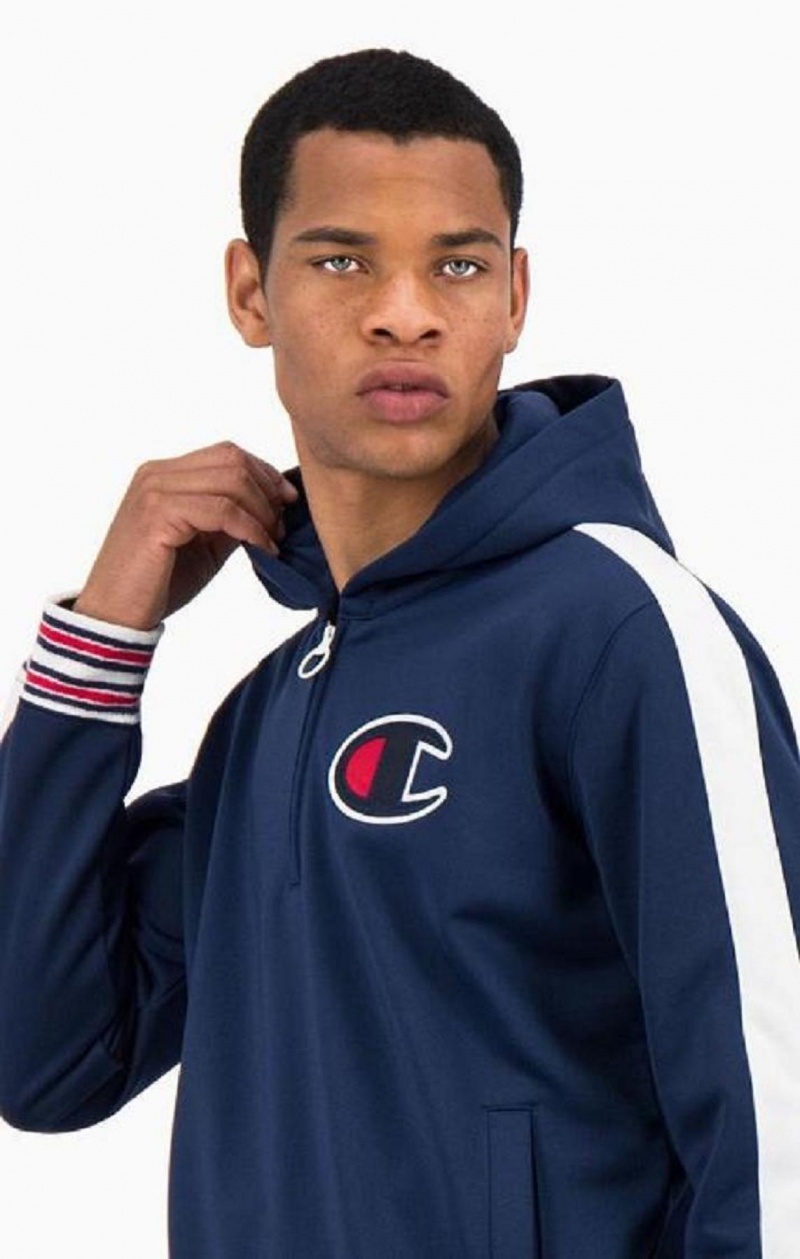 Sweat a Capuche Champion Half Zip-Up Stripe Sleeve Basketball Sweatshirt Homme Bleu | 6291-EDRXJ