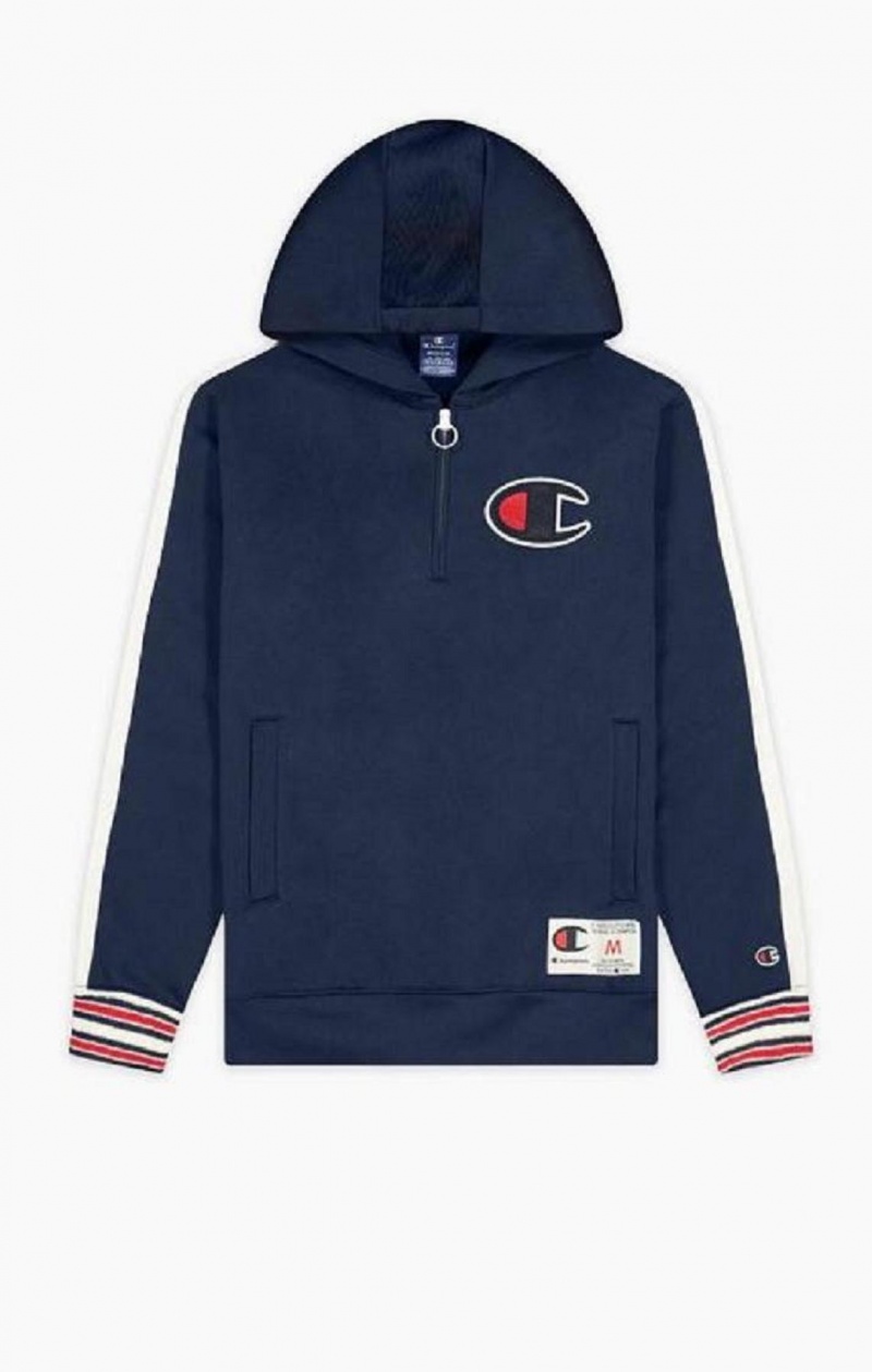 Sweat a Capuche Champion Half Zip-Up Stripe Sleeve Basketball Sweatshirt Homme Bleu | 6291-EDRXJ