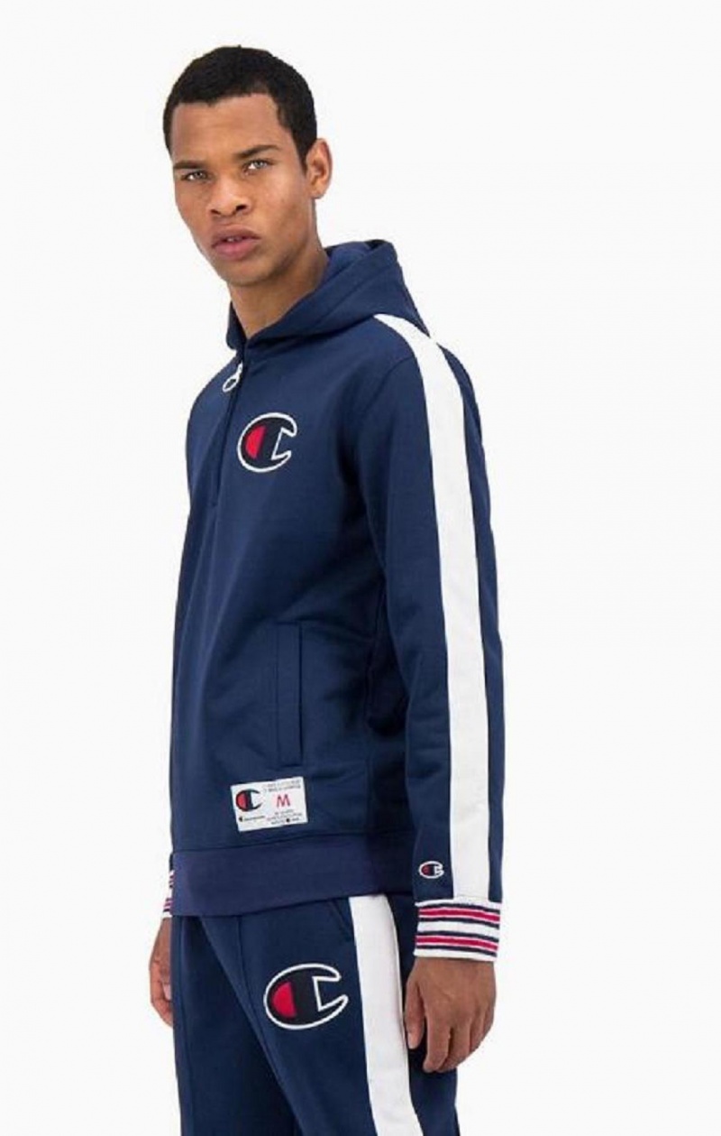 Sweat a Capuche Champion Half Zip-Up Stripe Sleeve Basketball Sweatshirt Homme Bleu | 6291-EDRXJ