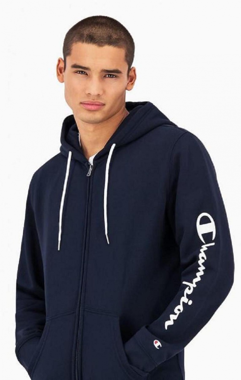 Sweat a Capuche Champion Logo Sleeve Zip-Up Fleece Hoodie Homme Bleu Foncé | 3274-BXZWQ