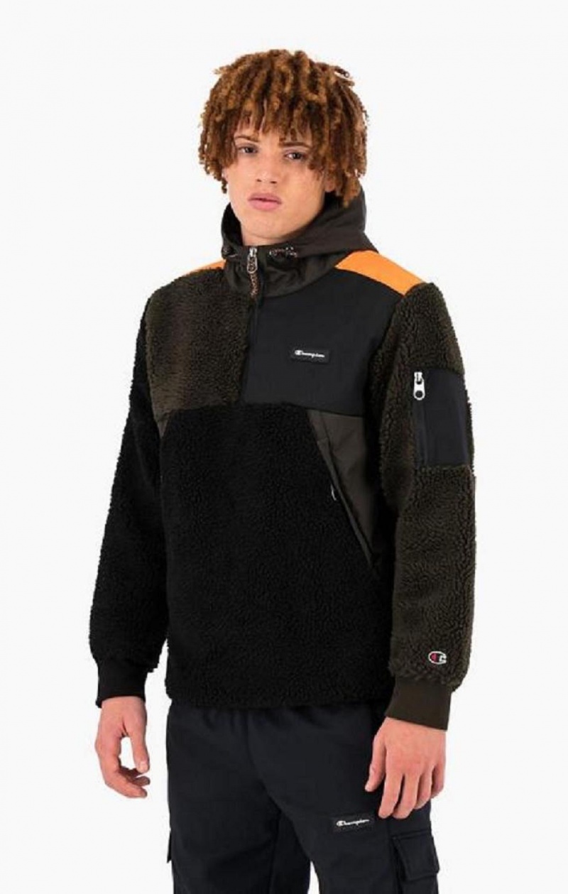 Sweat a Capuche Champion Patchwork Half Zip-Up Teddy Hoodie Homme Noir | 9037-VTNHM