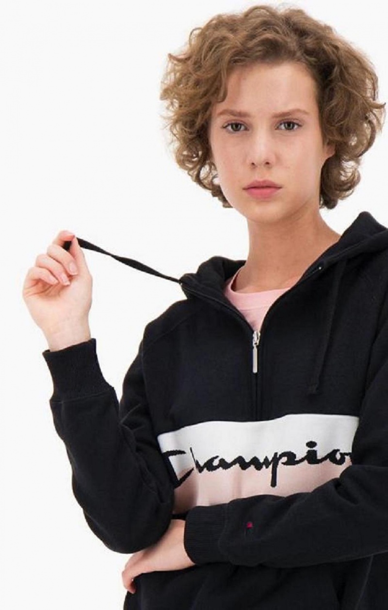 Sweat a Capuche Champion Rib Insert Script Logo Half Zip-Up Hoodie Femme Noir | 2436-DRBQX