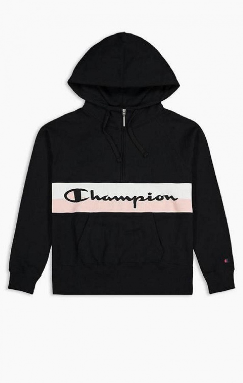 Sweat a Capuche Champion Rib Insert Script Logo Half Zip-Up Hoodie Femme Noir | 2436-DRBQX