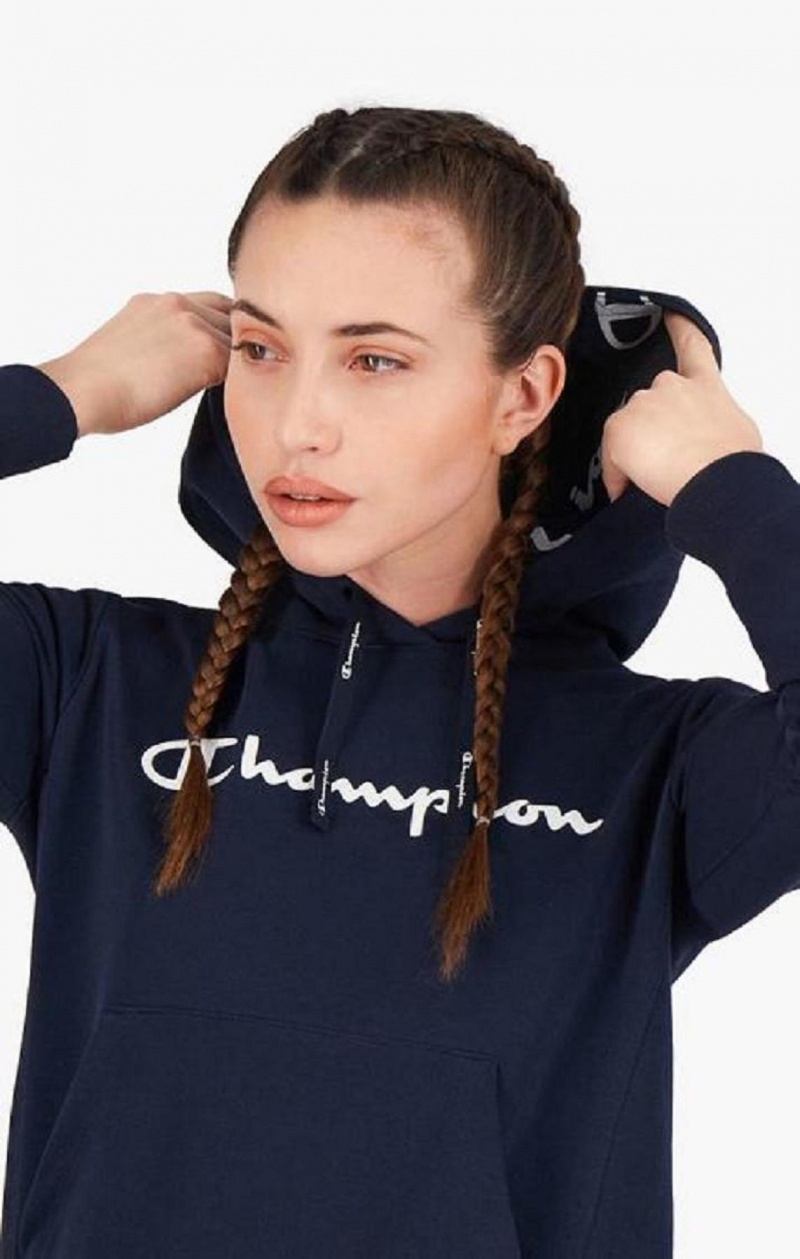 Sweat a Capuche Champion Rubber Script Logo Hoodie Femme Bleu Foncé | 2381-IAPWH