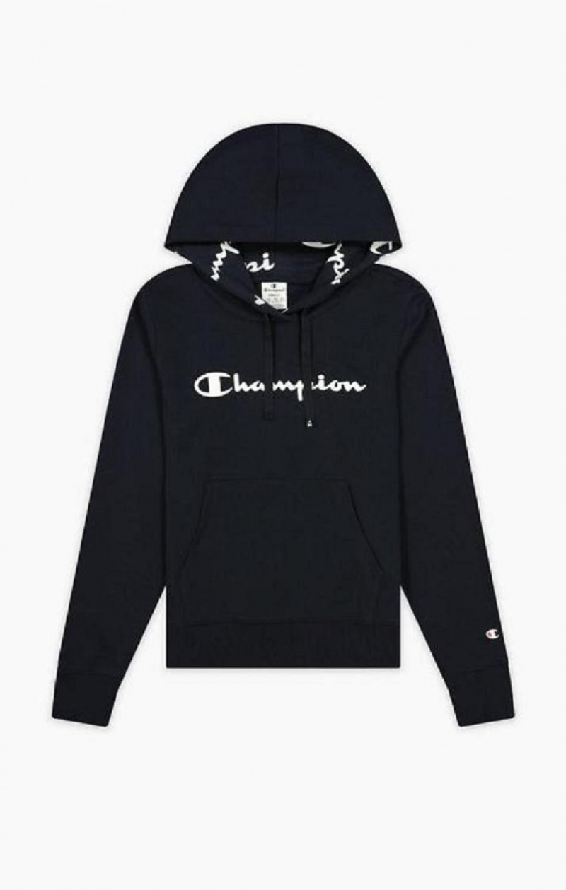 Sweat a Capuche Champion Rubber Script Logo Hoodie Femme Bleu Foncé | 2381-IAPWH