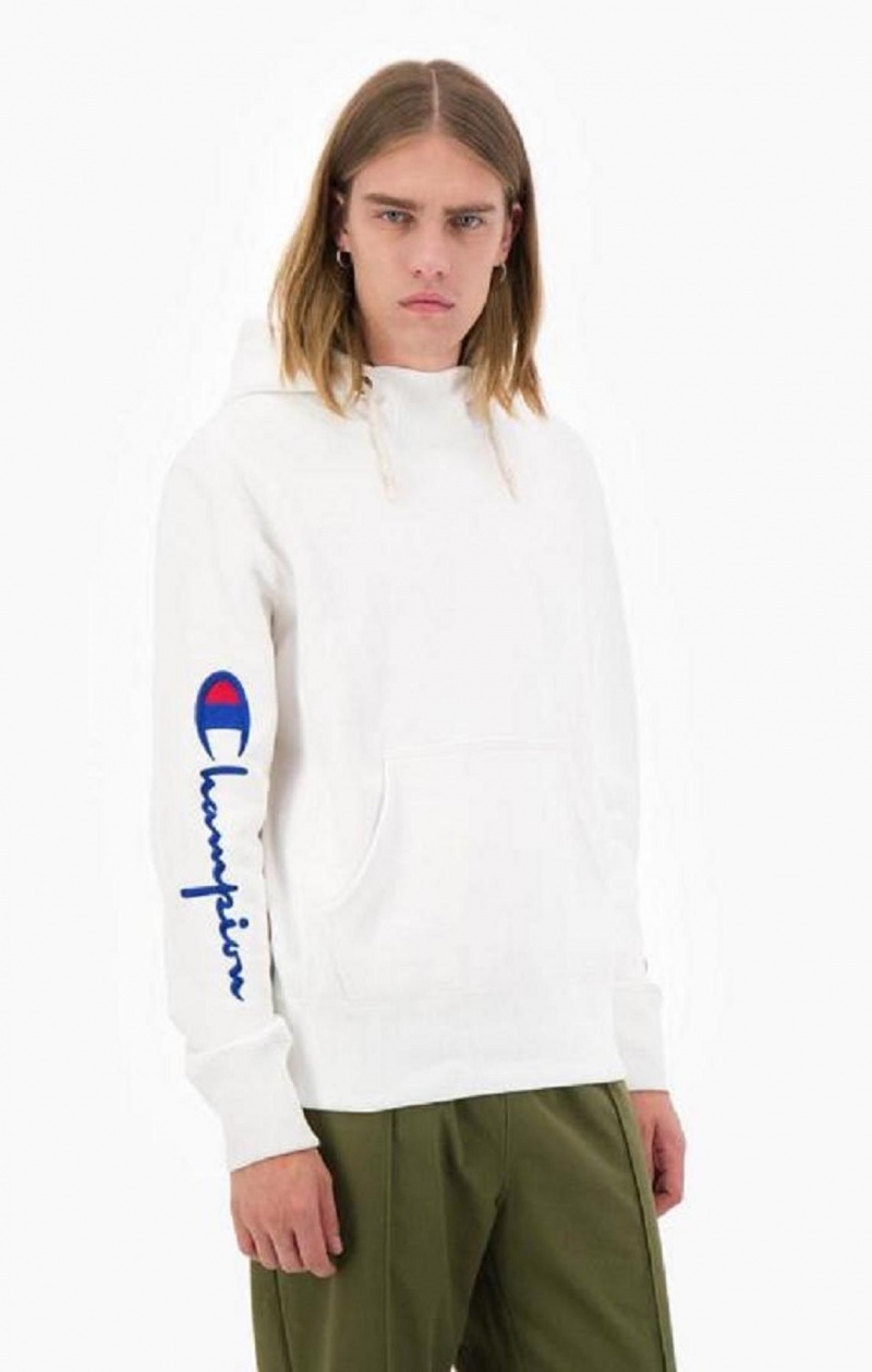 Sweat a Capuche Champion Script Logo Arm Reverse Weave Hoodie Homme Blanche | 3658-RXNHB