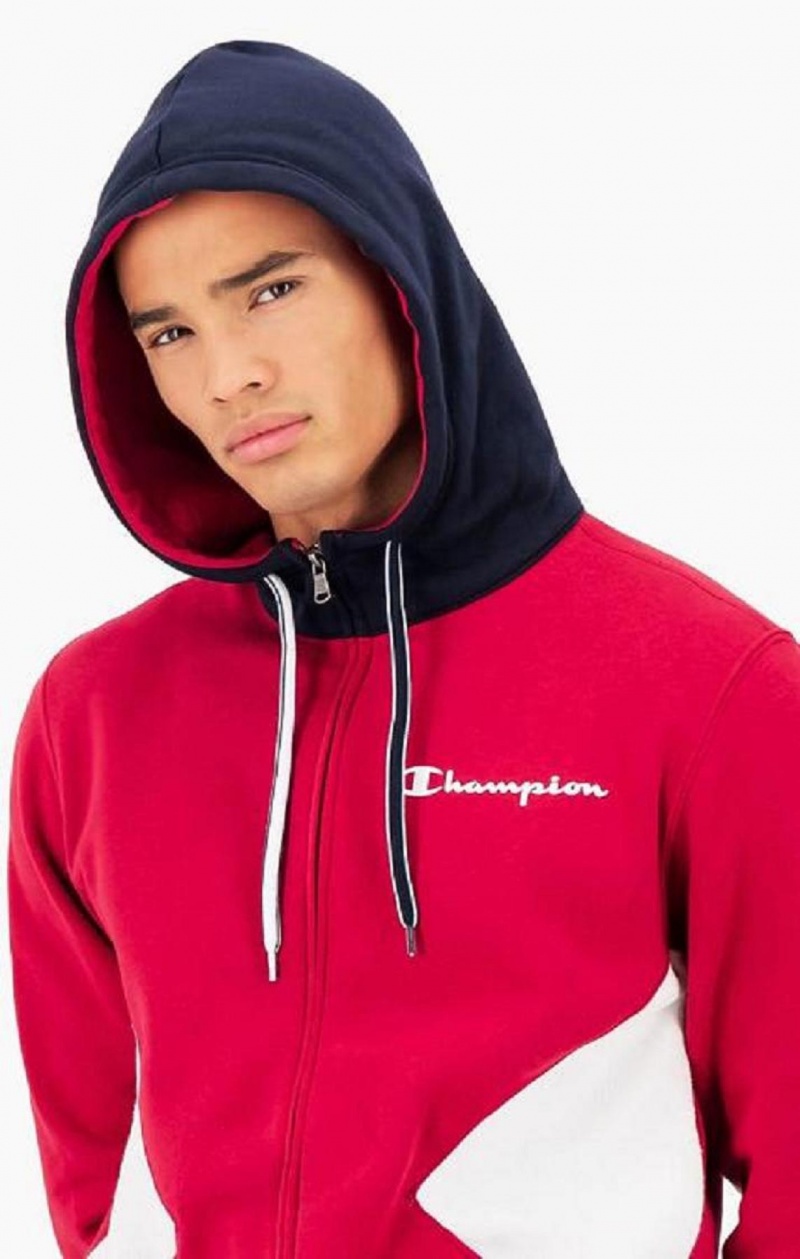 Sweat a Capuche Champion Script Logo Colour Block Fleece Zip-Up Hoodie Homme Rouge | 0198-MGPKU