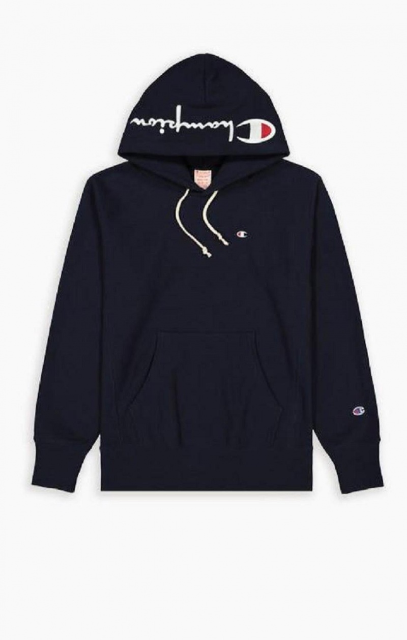 Sweat a Capuche Champion Script Logo Reverse Weave Hoodie Homme Bleu Foncé | 0947-YPDBN