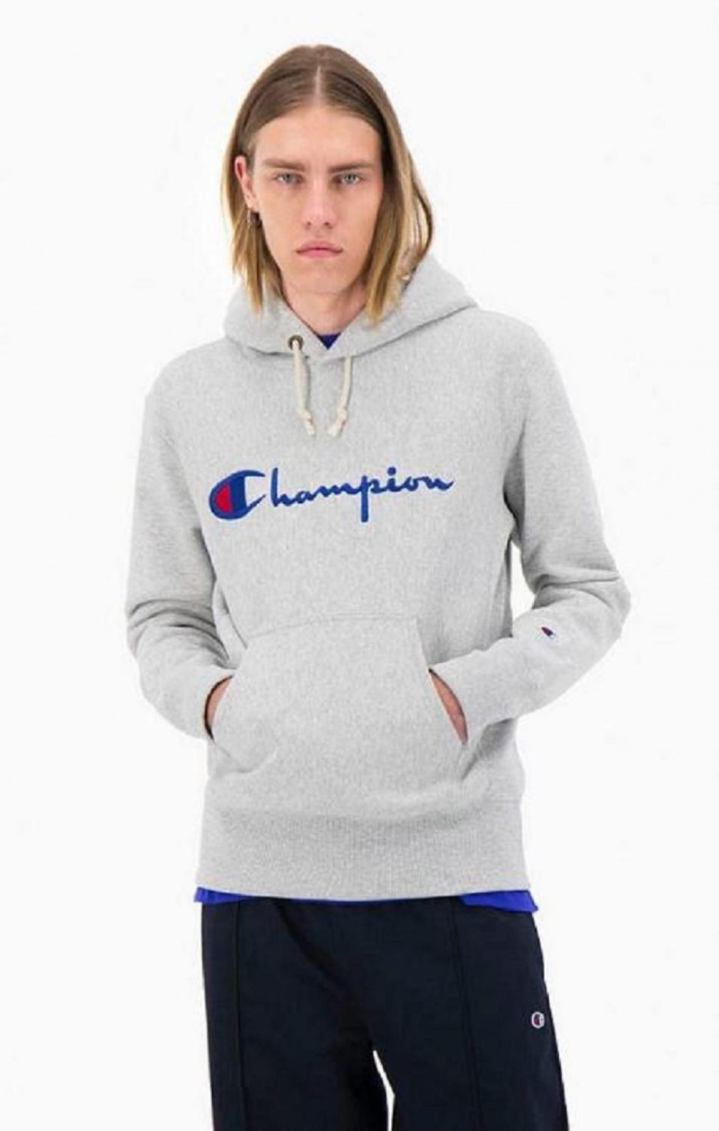 Sweat a Capuche Champion Script Logo Reverse Weave Hoodie Homme Grise Clair | 5287-YJZKI