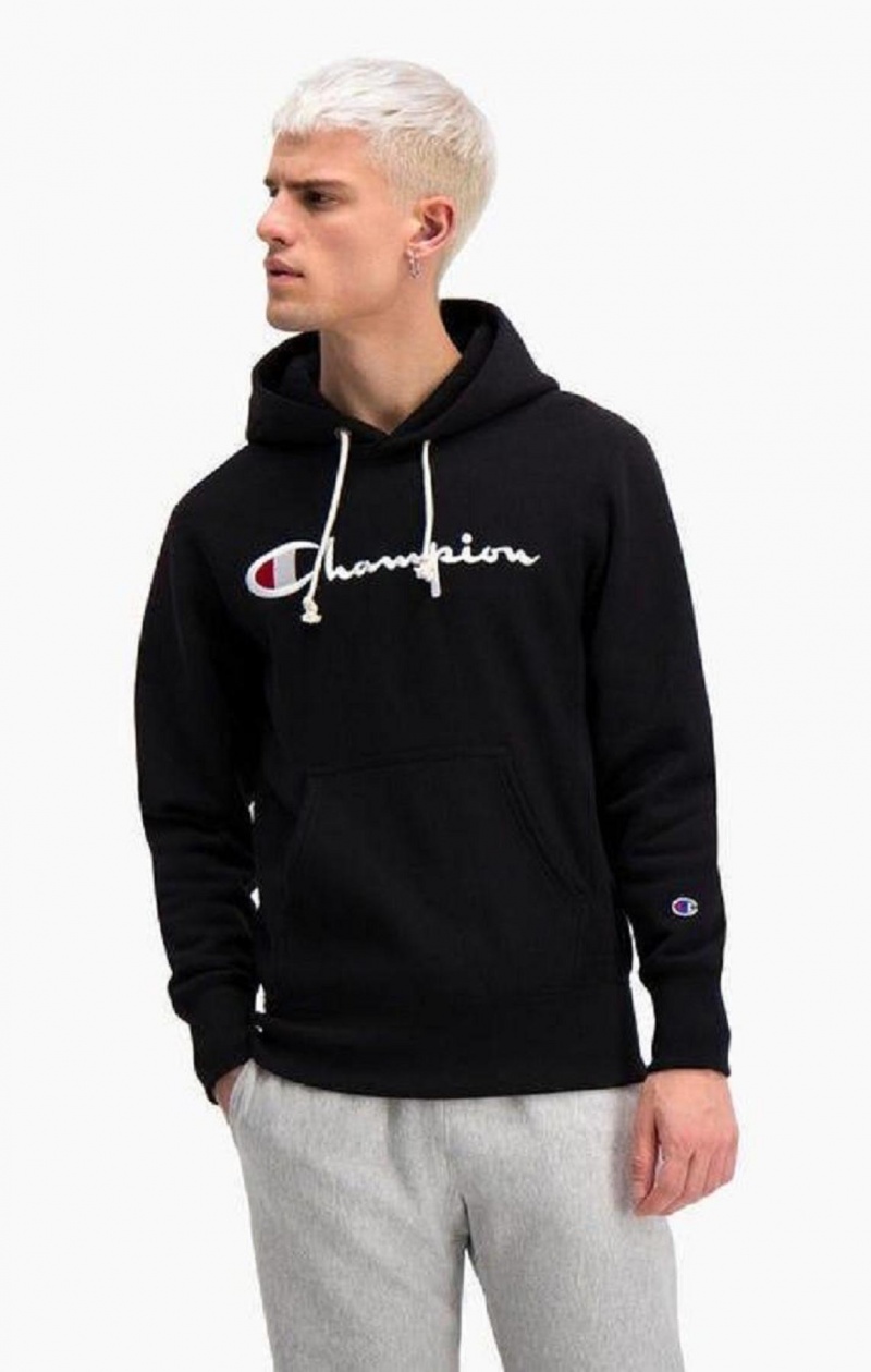 Sweat a Capuche Champion Script Logo Reverse Weave Hoodie Homme Noir | 0381-FZJKA