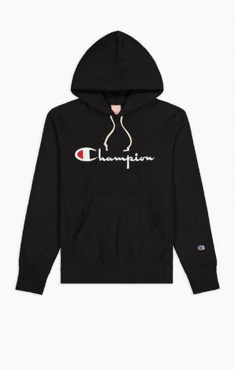 Sweat a Capuche Champion Script Logo Reverse Weave Hoodie Homme Noir | 0381-FZJKA