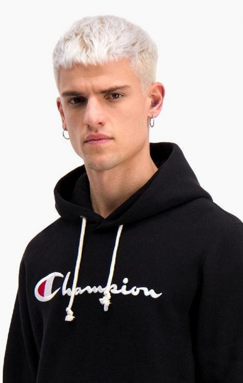 Sweat a Capuche Champion Script Logo Reverse Weave Hoodie Homme Noir | 0381-FZJKA