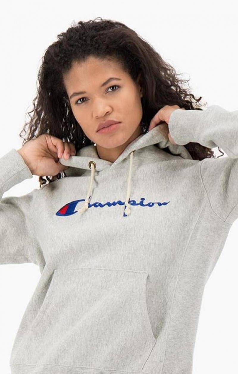 Sweat a Capuche Champion Script Logo Reverse Weave Hoodie Femme Grise Foncé | 7901-TMXRN