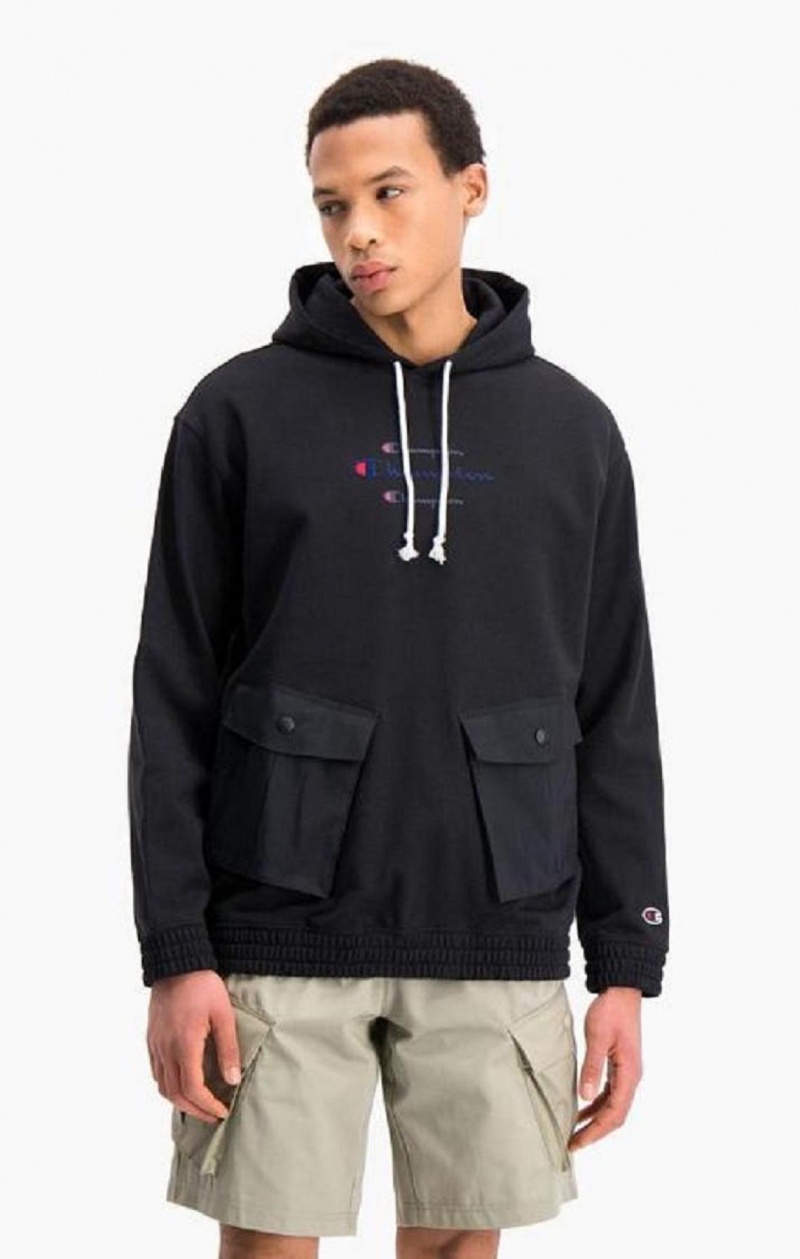 Sweat a Capuche Champion Triple Script Logo Cargo Pocket Hoodie Homme Noir | 5309-AJVGB