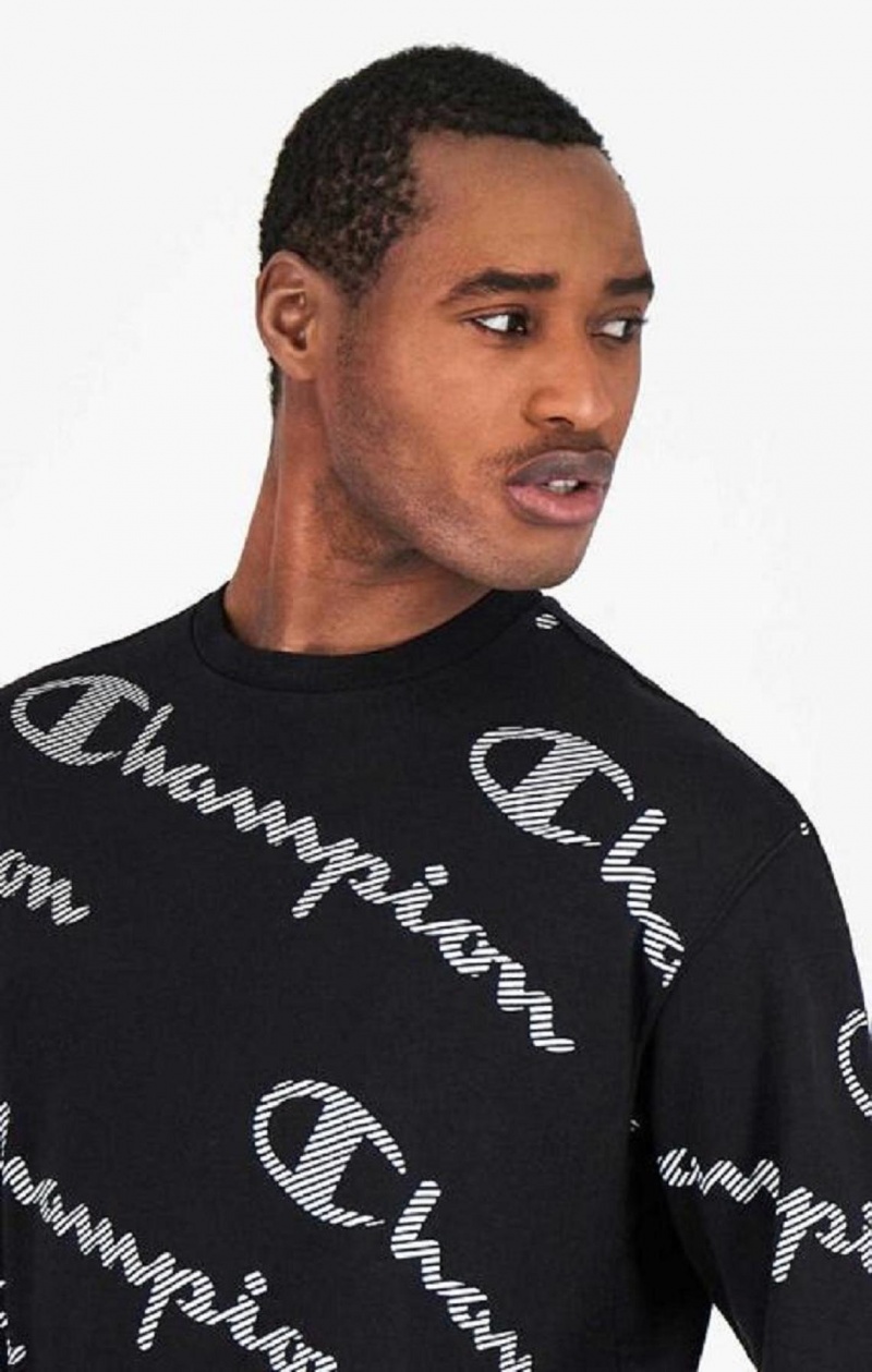 Sweats Champion All-Over Rayé Effect Script Logo Print Sweatshirt Homme Noir | 2437-ZJQBN