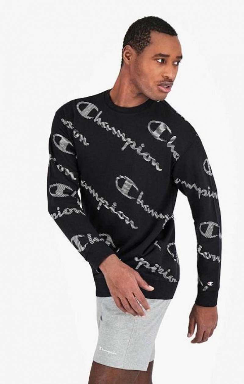 Sweats Champion All-Over Rayé Effect Script Logo Print Sweatshirt Homme Noir | 2437-ZJQBN