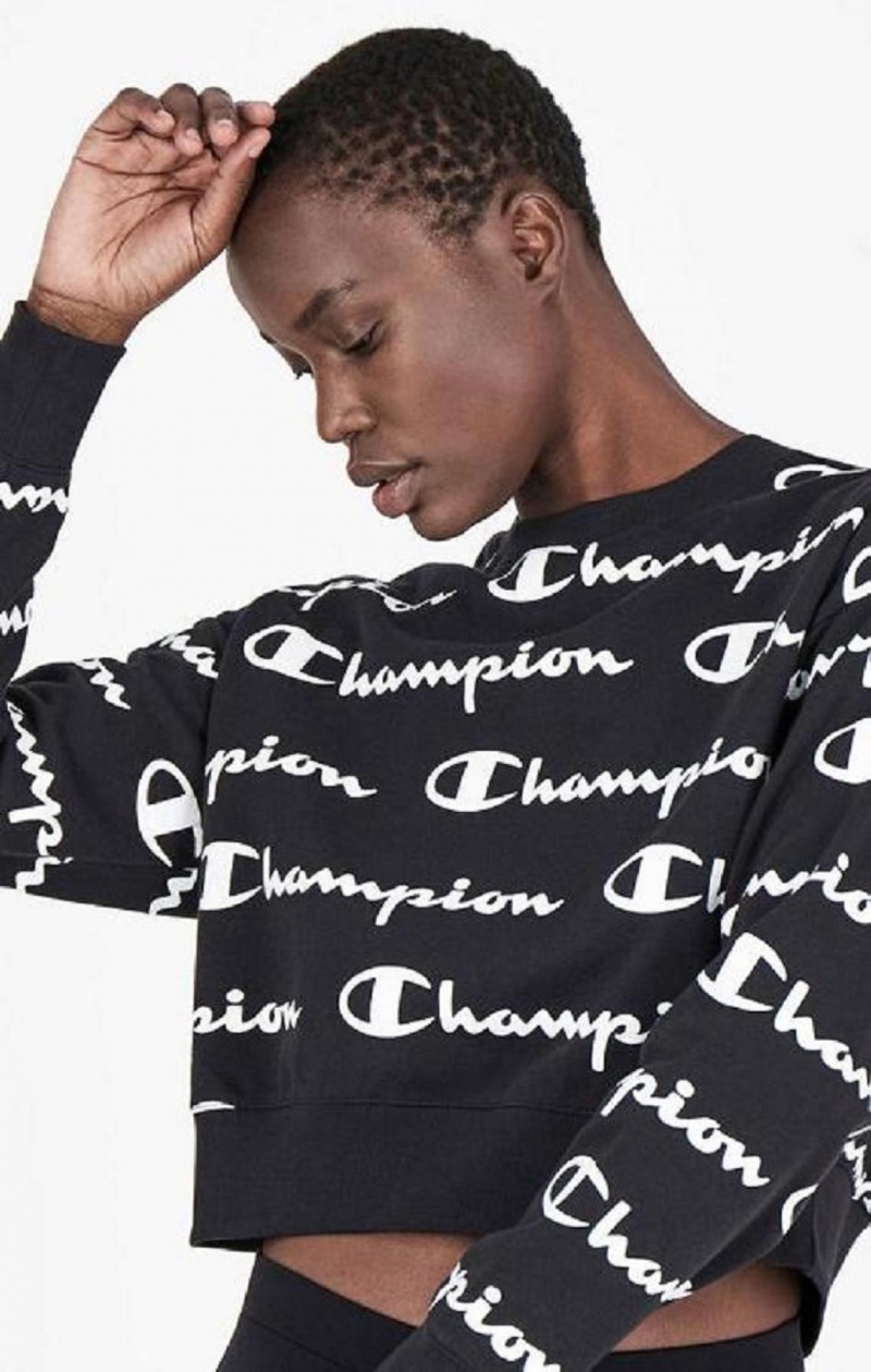 Sweats Champion All-over Script Logo Sweatshirt Femme Noir | 1375-VNIDC