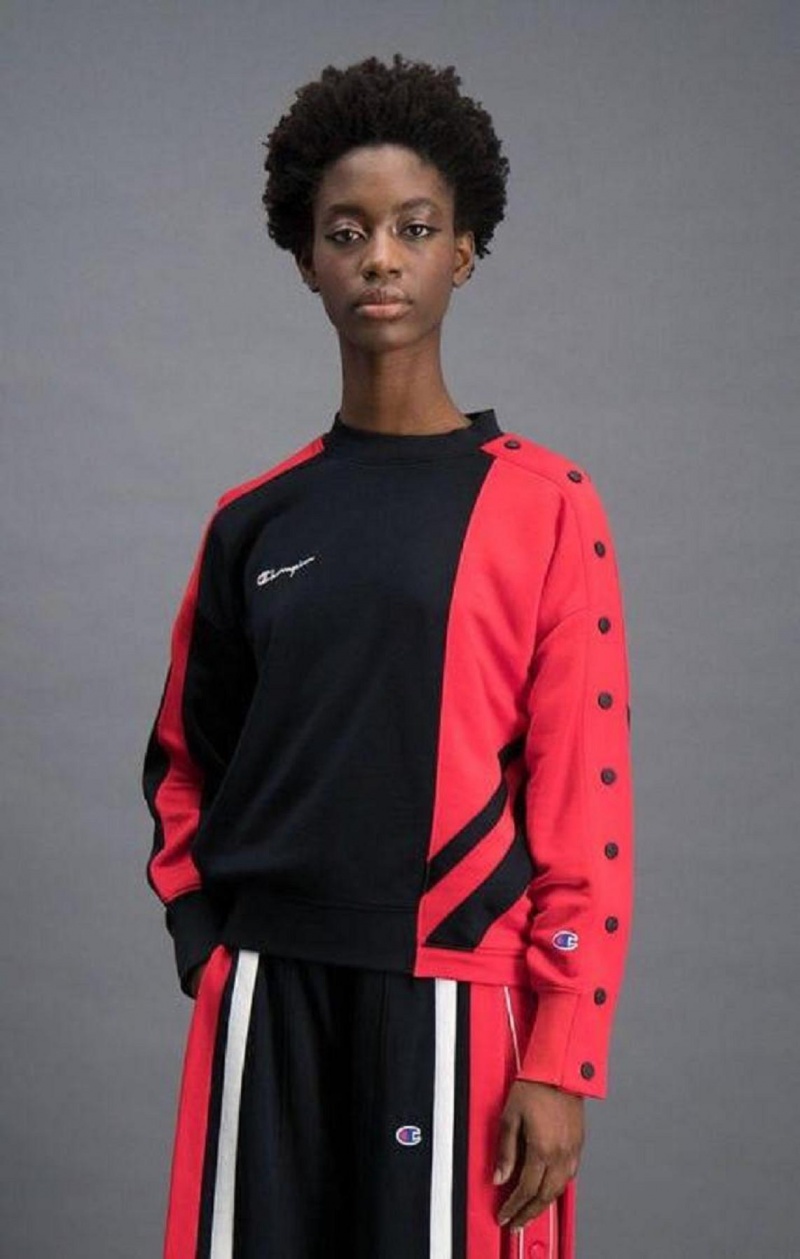 Sweats Champion Colour Block Popper Cropped Sweatshirt Femme Noir Rouge | 3815-WRLIV