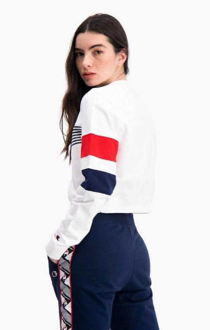 Sweats Champion Graphique Stripe And Colour Block Cropped Sweatshirt Femme Blanche | 9742-KMWPA