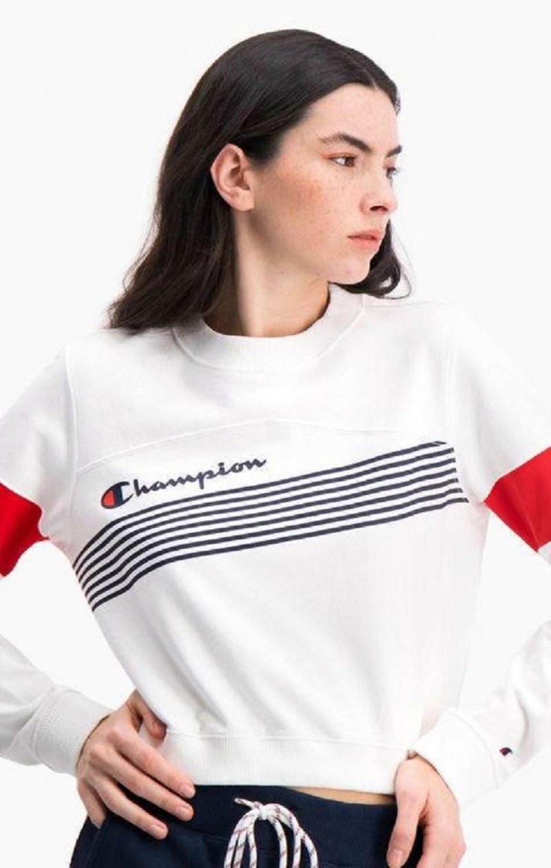 Sweats Champion Graphique Stripe And Colour Block Cropped Sweatshirt Femme Blanche | 9742-KMWPA